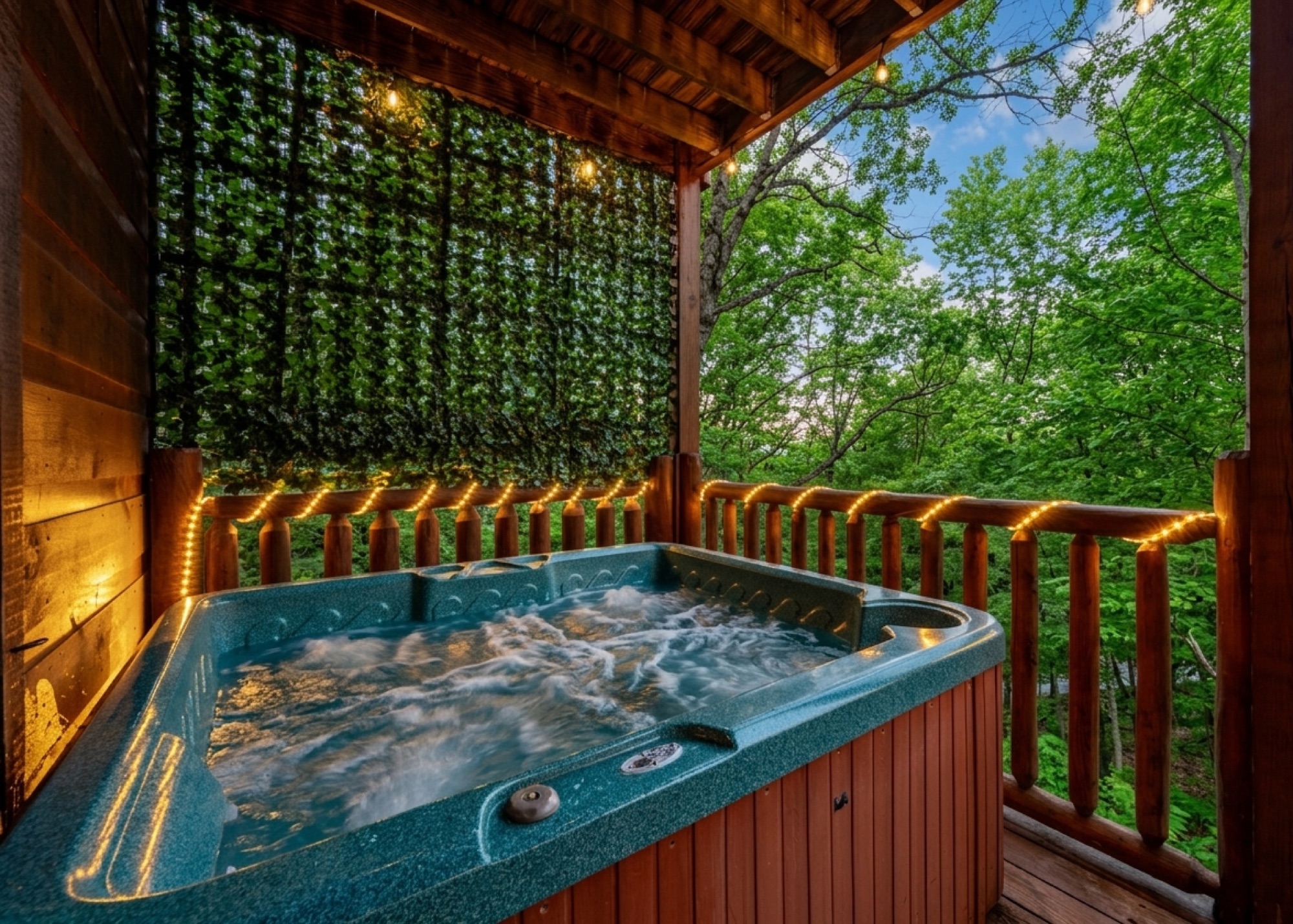 Bearadise's private hot tub in daylight, screened by a green privacy trellis
